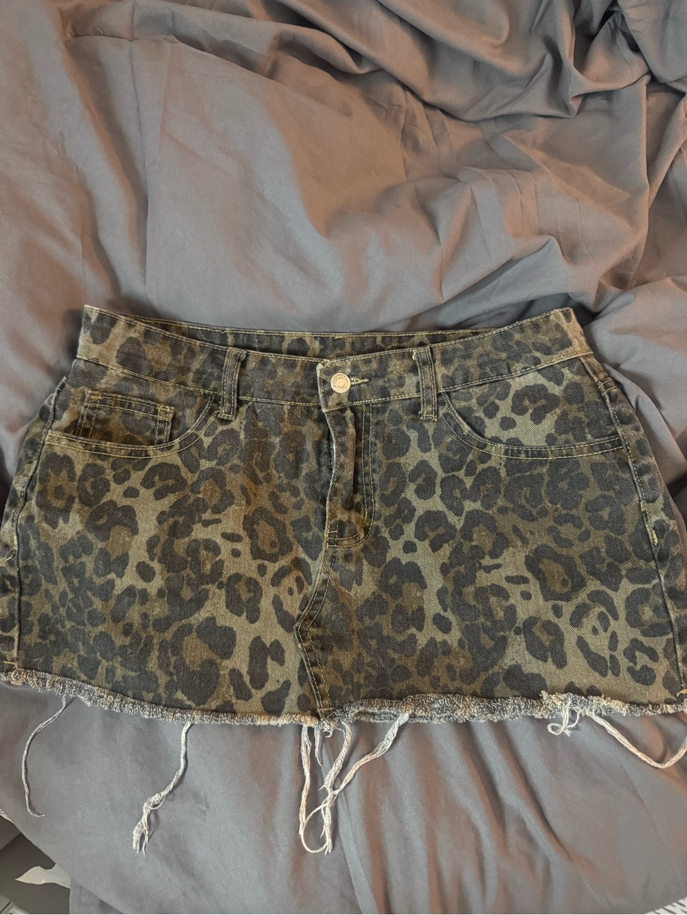SHEIN Olive and Black Leopard Print Denim Mini Skirt